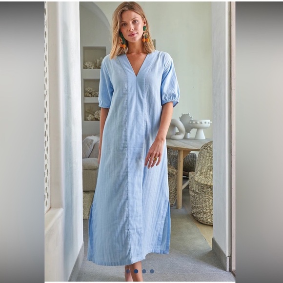 Lake Pajamas Gauze Caftan Medium Morning Blue V-Neck Midi Dress Lounge Beach - Picture 1 of 11